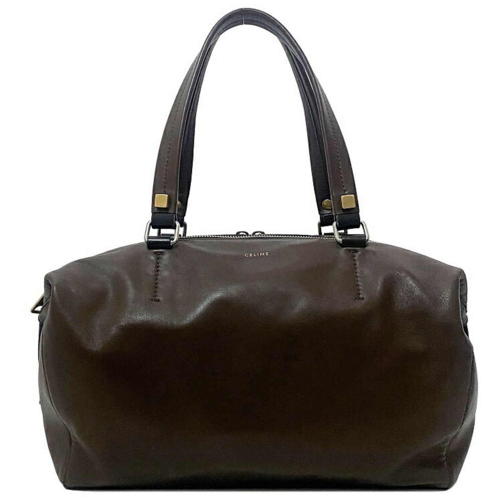 Celine Boston Bag Brown Leather tote single logo exterior pocket